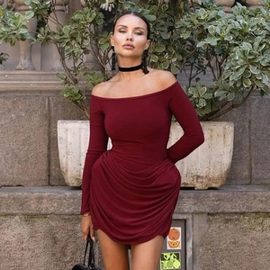 Elegant wine red off-shoulder long sleeve mini dress with side ruching and slim fit
