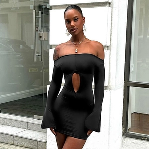 Elegant black off-shoulder long sleeve mini dress with front cutout and slim fit