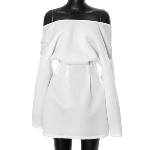 Detail of white off-shoulder mini dress with long sleeves and cinched waist on mannequin