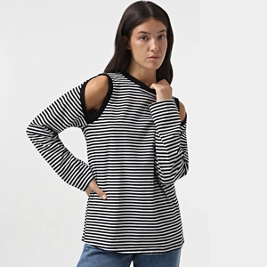 Detail of striped long sleeve top with shoulder cut-outs and black ribbed neckline
