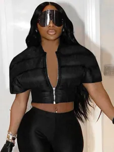 Veste Rembourrée Courte Sexy pour Femme Manches Courtes Cardigan avec Fermeture Éclair Métallique Mode de Rue Couleur Unie