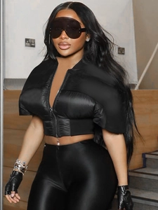 Ensemble gilet matelassé noir court pour femme et legging brillant taille haute