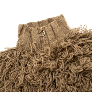 Close-up of brown knit cardigan featuring fuzzy loop yarn texture and metal ring zipper