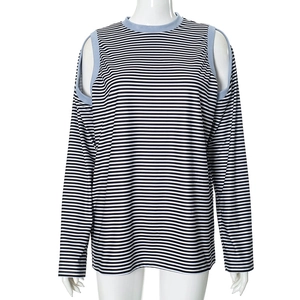 Detail of long sleeve striped top featuring cold-shoulder cutouts with blue contrast trim