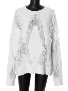 White distressed knit sweater with star cut-outs and tassel details for a street style look