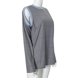 Detail of shoulder cut-out design on striped long sleeve top with blue ribbed trim