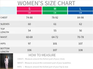 Detailed size chart for women's long sleeve top and wide-leg trousers set in centimeters