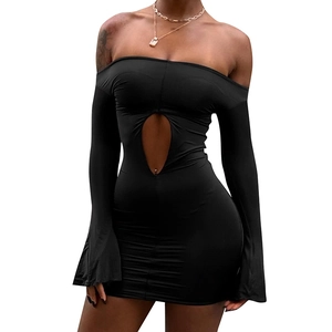 Elegant off-shoulder long sleeve black mini dress with front cutout and flared cuffs