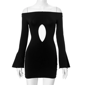 Detail of black off-shoulder mini dress featuring chest cutout and flared ruffle sleeves