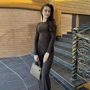 Women's dark brown long sleeve round neck top and wide leg pants loungewear set