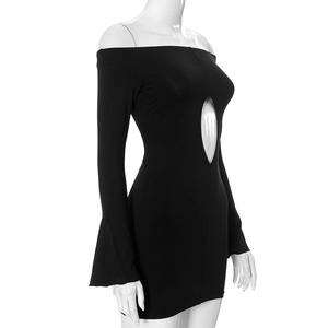 Detail of off-shoulder neckline with oval cut-out and bell sleeve on black mini dress