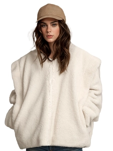 Oversized white sherpa fleece jacket with full zipper and hood for women