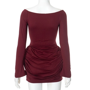 Detail of burgundy off-shoulder long sleeve dress with ruched bodycon skirt design