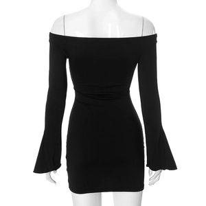 Back view of a black off-shoulder mini dress with long flared sleeves on mannequin