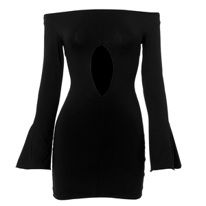 Detail view of black off-the-shoulder dress featuring teardrop cutout and flared sleeves