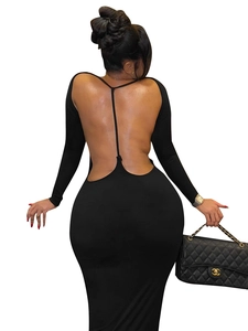 Robe longue moulante noire à manches longues et dos nu pour femme, coupe ajustée