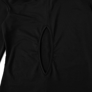 Close-up of the keyhole cutout detail on a black long sleeve off-shoulder dress