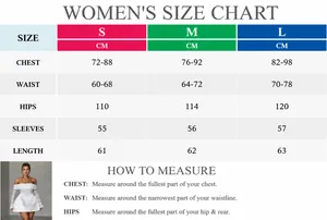 Women's size chart for long sleeve lace mini dress showing chest waist and hips in cm