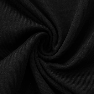 Close-up of black ribbed knit fabric showing soft texture and premium drape on dress