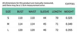 Detailed size chart with bust and sleeve length for the distressed oversized sweater