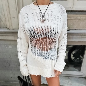 Chic white distressed hollow out knit mini dress with long sleeves for women