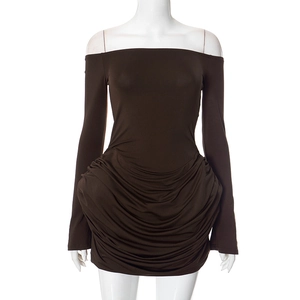 Detail view of the gathered ruched texture on this dark brown off-shoulder mini dress
