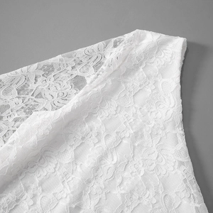Detailed macro view of white floral lace fabric with intricate embroidery on shoulder