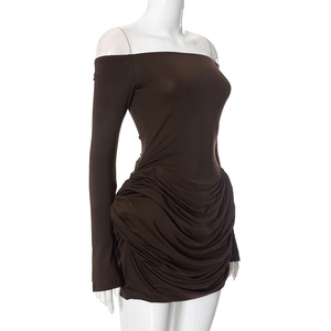 Close-up of brown off-shoulder long sleeve mini dress with ruched details and slim fit