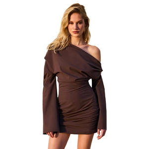 Detail of dark brown off-shoulder mini dress with elegant single long sleeve and ruched fabric