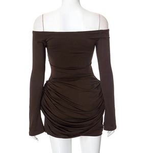 Rear view of dark brown off-shoulder long sleeve mini dress with ruched details