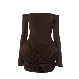Detail of ruched bodycon dress with off-shoulder neckline and long sleeves in dark brown