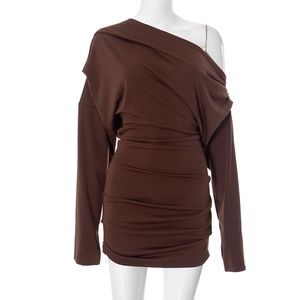 Detail of brown off-shoulder mini dress with long sleeves and lateral ruching design