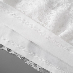 Detailed macro view of white lace fabric with professional stitching and floral edges
