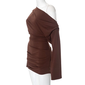 Detail view of side ruching and fabric texture on a brown off-shoulder mini dress