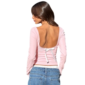 Slim fit long sleeve backless T-shirt for women in light pink with a white ribbon bow detail