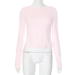 Close-up of a light pink slim fit long sleeve top with a refined boat neck design