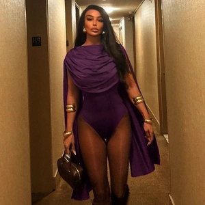 Detail of deep purple bodysuit with draped cowl neck and elegant cape-style design
