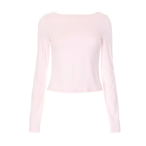 Detailed close-up of light pink slim-fit long-sleeve top with elegant boat neckline