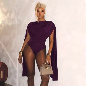 Detail of plum sleeveless bodysuit featuring a draped cowl neckline and cape style detail