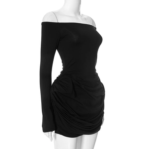 Detail view of the side drawstring ruching on this off-shoulder long sleeve black mini dress