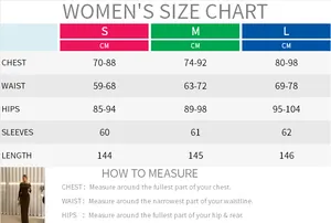 Women's mesh maxi dress size chart with bust, waist, and hip measurements in cm