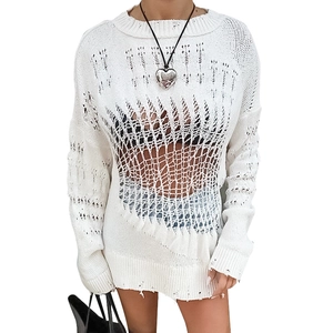 White distressed hollow knit sweater with loose sleeves and oversized fashion style
