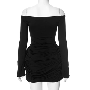 Back view of a black off-shoulder long sleeve dress featuring ruched details and a slim fit