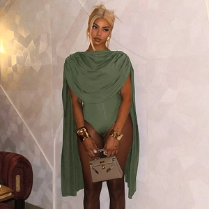 Detail of dark green sleeveless bodysuit featuring a draped cowl neck and cape style sleeves