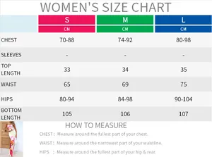 Women's floral print two-piece set size chart showing top and skirt measurements in CM