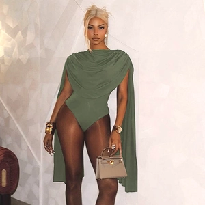 Detail of dark green cowl neck sleeveless bodysuit with elegant cape design and draping