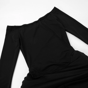 Detailed flat lay of black off-the-shoulder mini dress with pleated waist and long sleeves