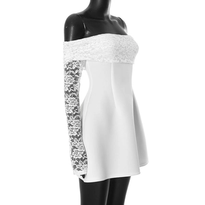 Detailed view of white floral lace sleeves and off-shoulder neckline on mini dress