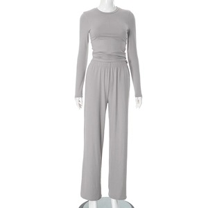 Detailed view of gray long sleeve round neck top and high waist wide leg pants lounge set