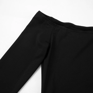 Close-up detail of off-the-shoulder neckline and high-quality stitching on black dress